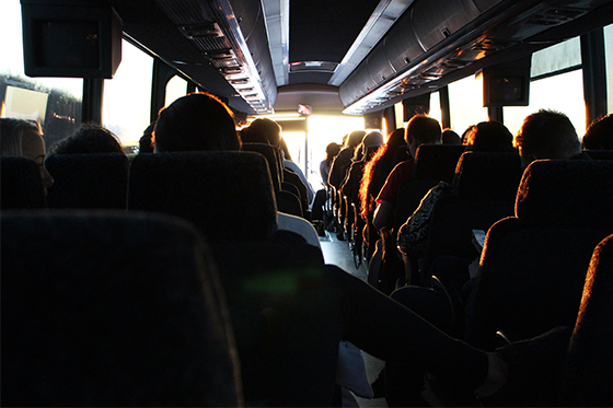 inside a charter bus